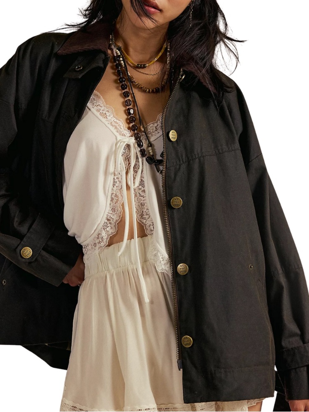 Free People We The Free Cori Waxed Jacket Olive Corduroy Collar L